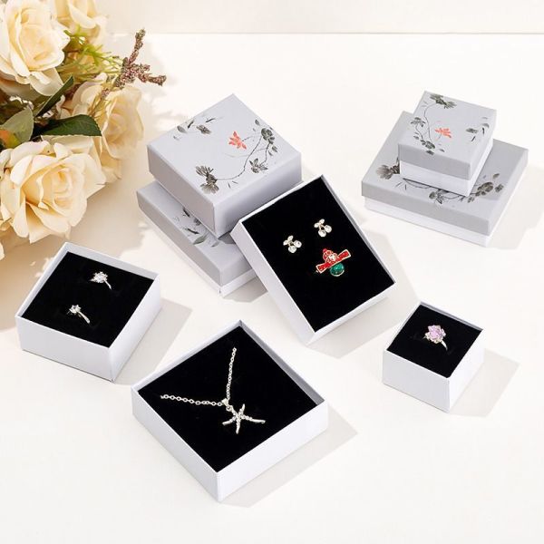 Custom Luxury Black Jewelry Packaging Paper Necklace Ring Earring Boxes Lid and Base Jewellery Set Case Cardboard Gift Box with Foam Insert