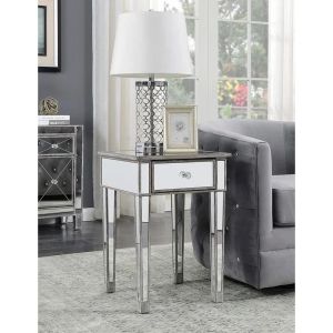 Sparkly silver mirrored nightstand square shaped end table 1 drawer corner table