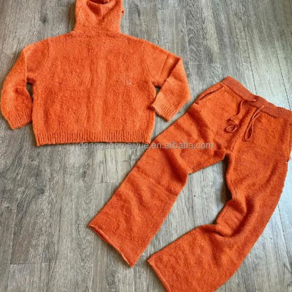 Mei Yue Custom Embroidery Logo Free Designer Mohair Unisex Sweatsuit Knit Sweater Tracksuits for Men Sweatpants and Hoodie Set