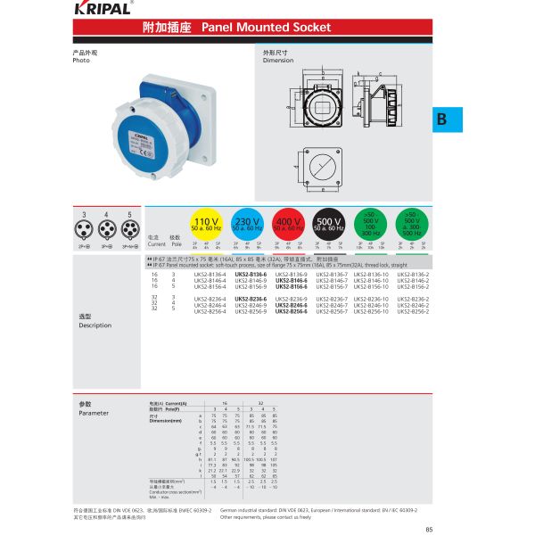 Multi Color Industrial Power Socket / Industrial Receptacles Protection Degree IP67