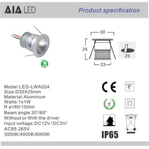 12V Mini 1W recessed mounted indoor LED dwonlight mini spotlight for cabinet