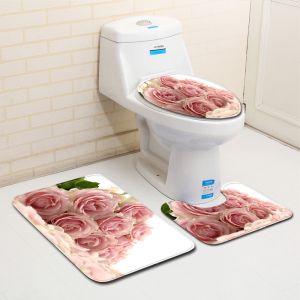Rose Pattern Toilet Mat Set Polyester Fiber Toilet Lid Cover Set