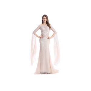 Long Sleeve Backless Middle Eastern Evening Gowns Tulle Fabric Beading