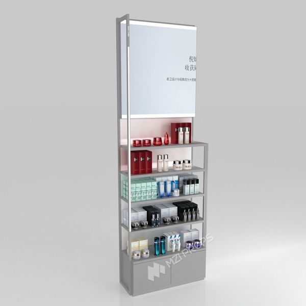Quality GDR02-BG05-28 Left Illuminated Skincare Display Cabinet with 60mm Soft Film Light Box and Grey Edge Banding for Fashion Boutiques wholesale