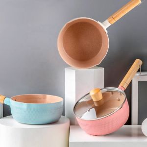 White Kitchen Cookware Aluminum Sauce Pan Non Stick With Wooden Handle