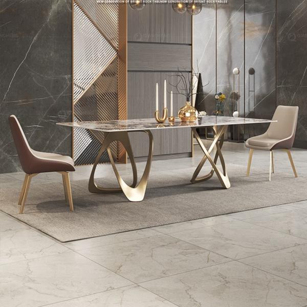 Quality Rectangular 2.0 Meter Marble SS Dining Table Two Gold Same Base Support Artificial Marble wholesale