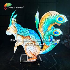 Giant Illuminated Squirrel Sculpture Lantern With Dazzling Peacock Feather Tail
