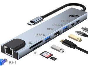 China 8 In 1 USB C Hub Adapter HDMI 4K RJ45 Ethernet PD Type C USB 3.0 SD TF on sale
