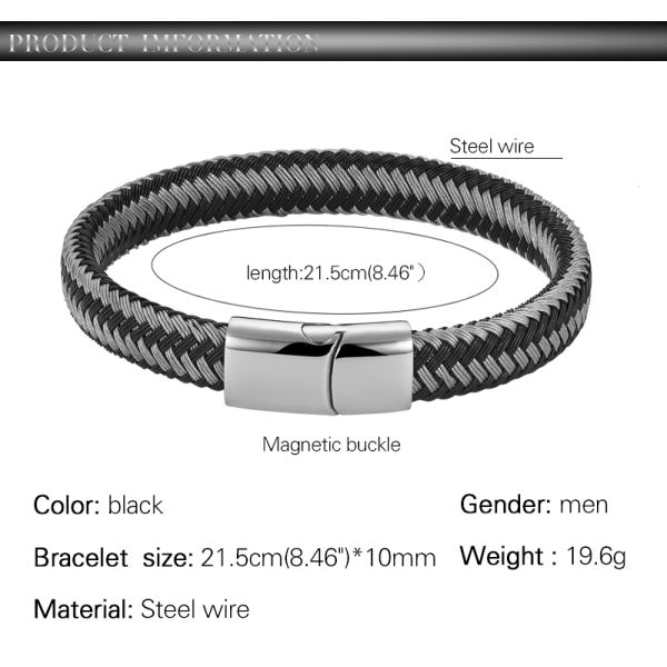 High Quality Leather and Stainless Steel Wire Braided wrap bangle Bracelet with magnetic clasp