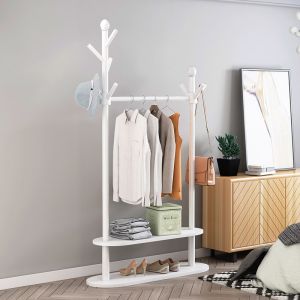 China Roydom Office Coat Bamboo Cloth Hanger Stand With Shelves on sale