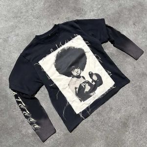 Custom Streetwear Screen Print Tshirts Patchwork Tee Long Sleeve Unisex Double