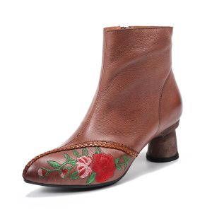 HZM031 Leather Boots Pointed Toe Temperament Handmade Women'S Boots With Thin