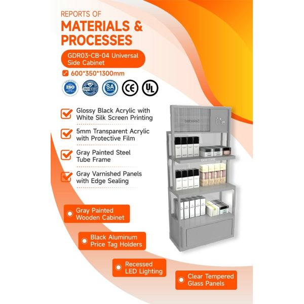 GDR03-CB-04 Universal Side Cabinet With LED Strip Lights And Transparent Tempered Glass For Specialty Beauty Stores