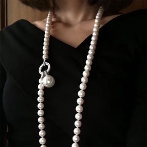 White Shell Pearl Strands Sweater Pendant Necklace with Cubic Zirocnia Charm