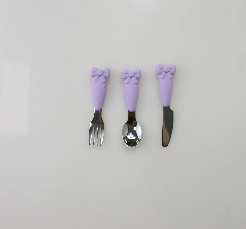 Bow Know Stainless Steel Baby Spoon Silicone Handle Fork Knife Feeding Set