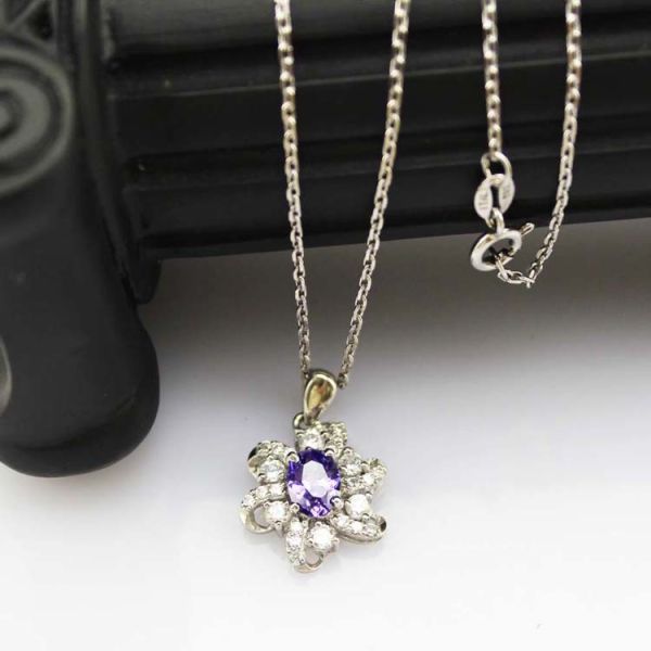 Sterling Silver Cable Chain Oval Green Cubic Zircon Pendant Necklce (P10)