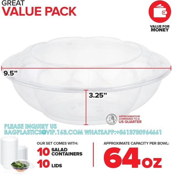 Quality 64oz Clear Plastic Salad Bowls With Lids Disposable (10 Pack) Extra Large Takeout Container With Snap On Lid wholesale