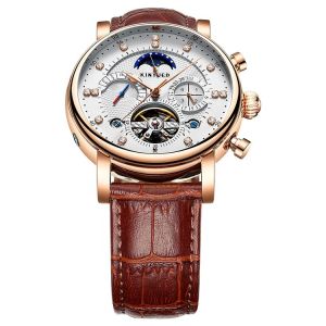 Automatic Mechanical Watch Leather Moon Phase With Diamond Crystal Mechanical