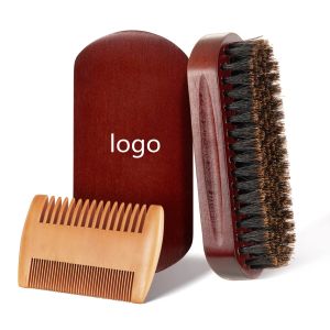 Beechwood Brown Round Beard Brush Customize Logo Beard Comb Kit