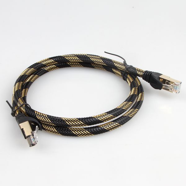 ISO Gigabit Cat 7 Shielded Ethernet Cable Nylon Black Yellow Braided