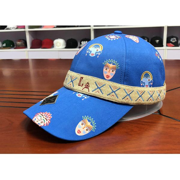 Quality Durable 100% Polyester Printed Baseball Caps 6 panel With Woven Band wholesale