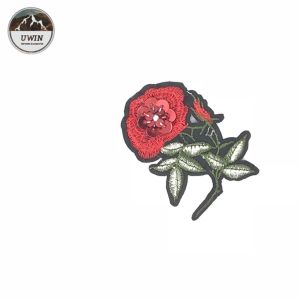 Handmade Rose Embroidery Patch , Flower Sew On Patches With Red Applique