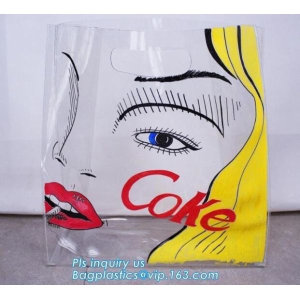 Quality eco friendly Clear PVC soft loop handle plastic bag, PVC material gusset handle hard plastic shopping bags, die cut hand wholesale