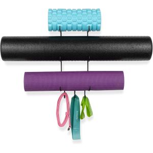 Wall Mount Yoga Mat Foam Roller Towel Storage Rack With 3 Hooks