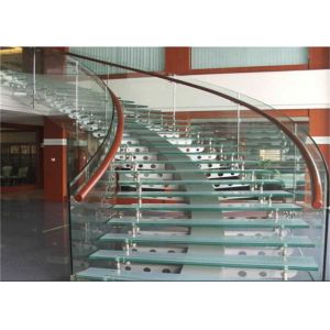 Rubber Wood Tread Curved Glass Staircase With Standoff Glass Railing