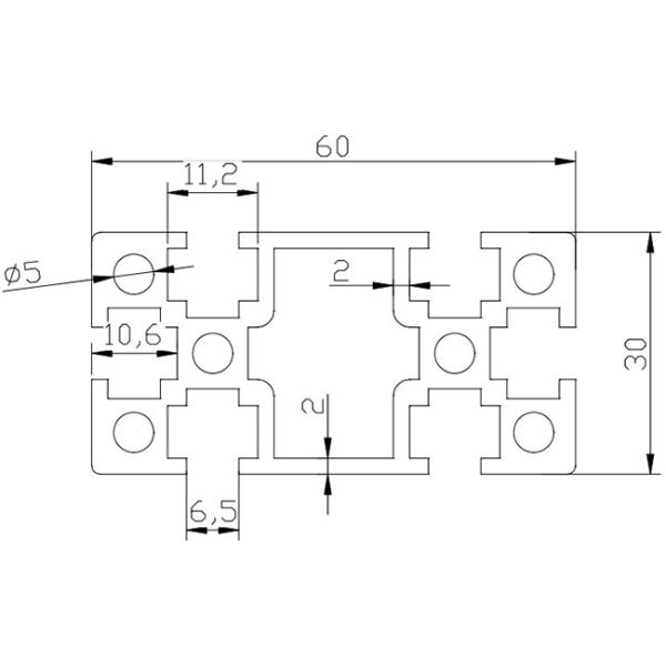 30 * 60 Anodized T Slot Aluminum Profile Good Formability With 6 Notch