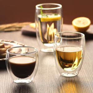 Heat Proof Clear Double Wall Glass Cup Customized Logo / Capacity Round Shape