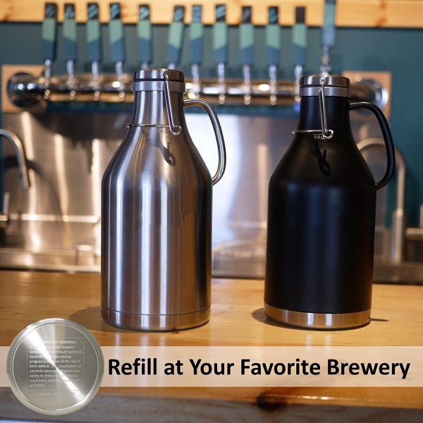 Double Wall Flip Top Black Stainless Steel Growler 2 Liter