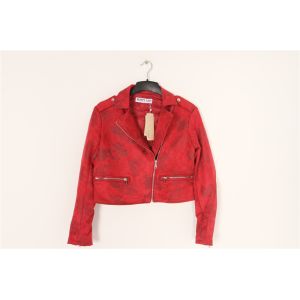 Black Red Cropped Ladies Suede Bomber Jacket With Jacquard Weave