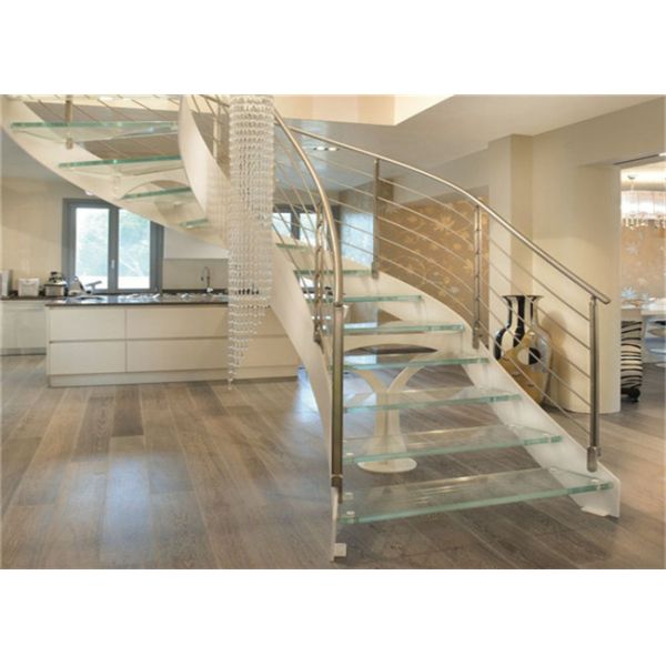 Interior Wrought Iron Curved Wooden Staircase , Floating Wood Stairs Customize
