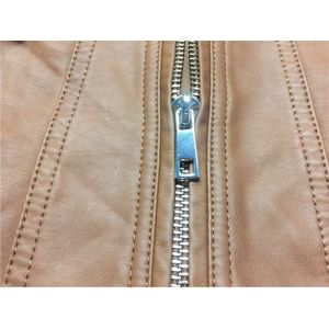 Camel Ladies Pleather Jacket With Soft Gold Zip Through And Funnel Collar