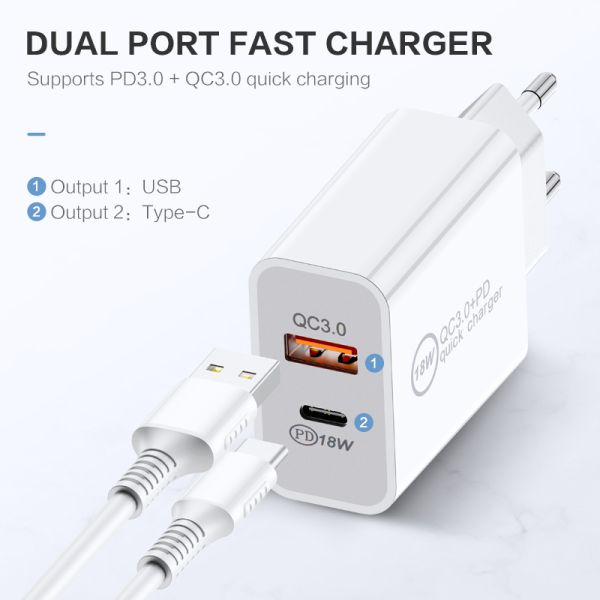 18w Type C Pd Qual Quick Charge 3.0 Fast Charger Dual Ports 20W Usb C Travel Wall Power Adapter Charger