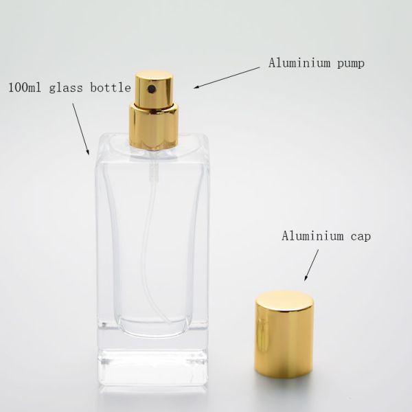 Luxury Square Empty 100ml Glass Perfume Bottle with Gold Cap
