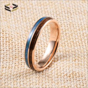China Anniversary Essential 5mm Rose Gold Women's Tungsten Ring with Wood Inlay and Opal Detail on sale