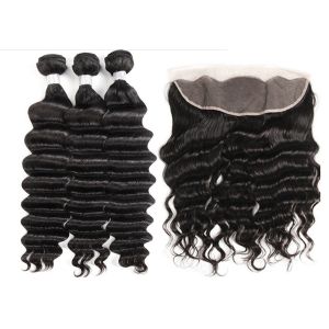 Deep Wavy Virgin Human Hair Extensions / 13 X 4 Swiss Lace Frontal Piece