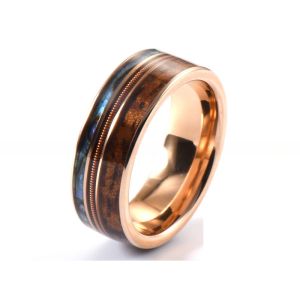 China 8mm Men Women Wedding Engagement Band with Rose Gold Guitar String Koa Wood and Abalone Shell Inlay Religious Type Other on sale