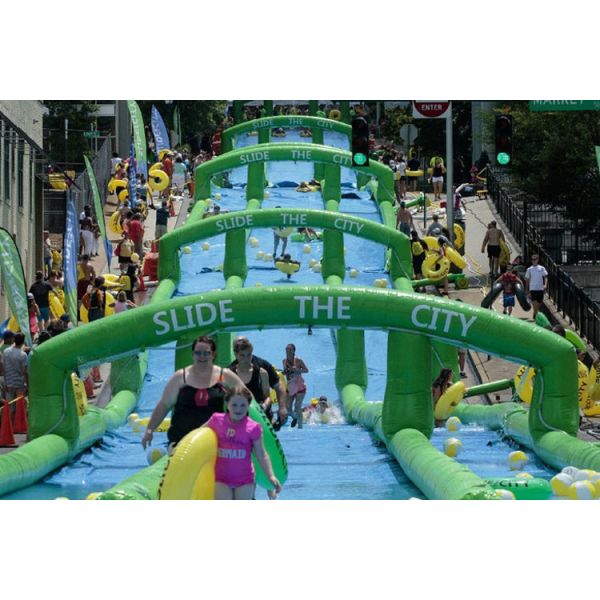Customized 100m Long Outdoor Inflatable Water Sports Game City Slide For Adults