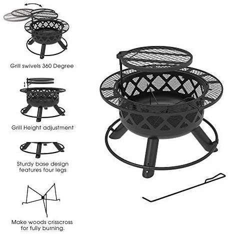 32'' Outdoor Wooden Brazier Round Fire Pit With Quick Removable Cooking Grill