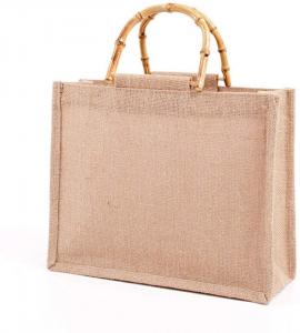 Cheap Portable Burlap Jute Shopping Bag Bamboo Loop Handles Reusable Tote Grocery Bags for Women for sale