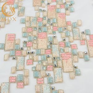 Tulle Beaded Embroidered Lace Fabric 140cm Width Customized With Rhinestones