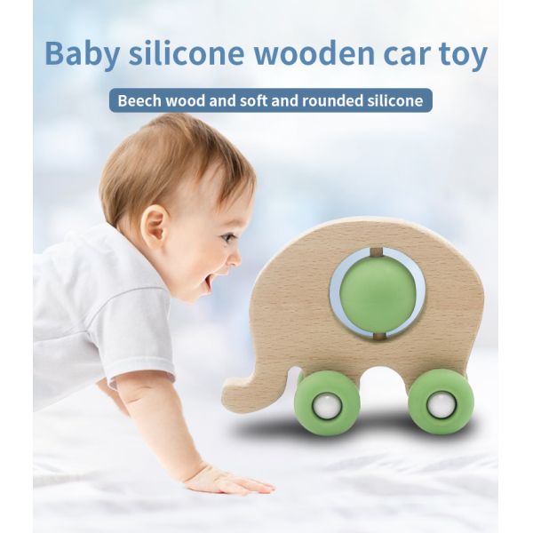 Educational Wooden FDA Elephant Silicone Teething Rattle Medical Grade