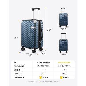 Luggage 22x14x9 Airline Approved - 35L Polycarbonate Expandable Hard Shell