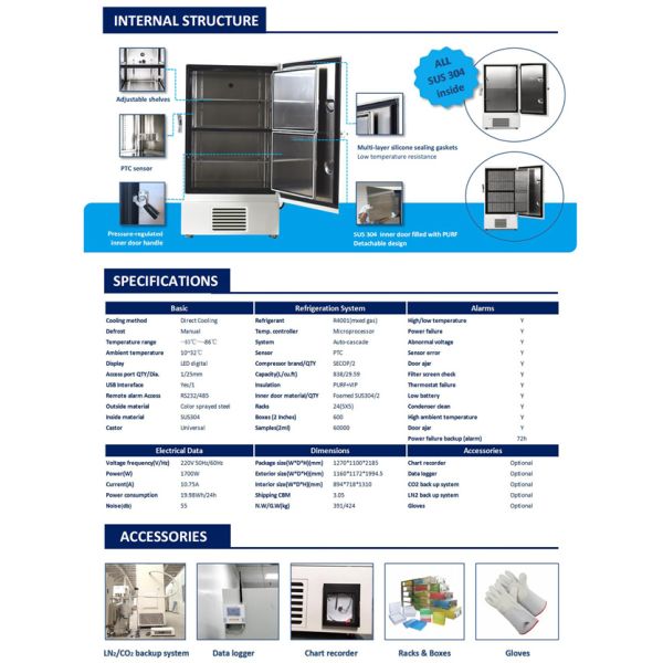 838 Liters Hospital Laboratory Biomedical Ultra Low Temperature Deep Freezer Direct Cooling