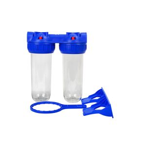 Cheap 10'' Atlas style clear duo water filter housing with 1'' brass inlet/outlet port for sale