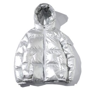 Metallic Hooded Bubble Jacket Full Zip Down Streetwear Puffer Jacket Anti Shrink