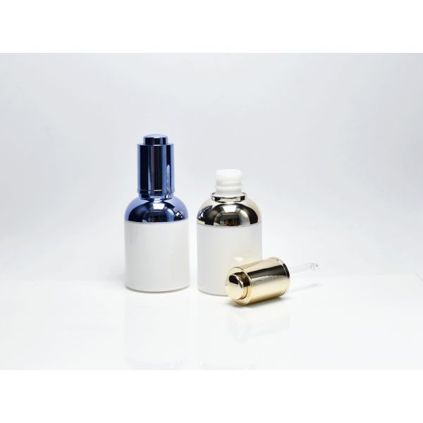 Luxury 1.7OZ 50ml Opal White Glass Bottles With Metalized Push Button Dropper Cap, Cosmetics Glass Dropper Bottle